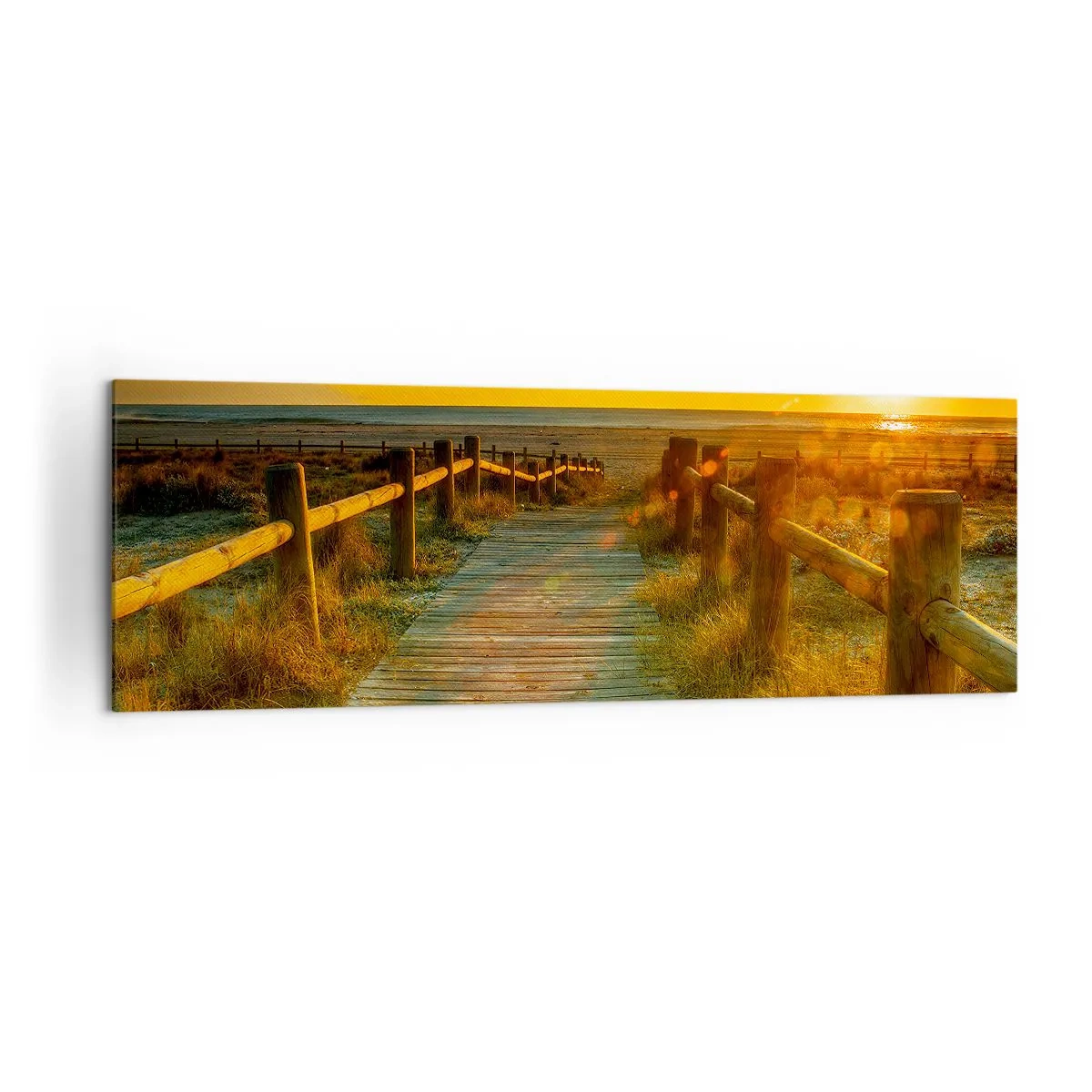 Quadro su tela - Stampe su Tela - Un sentiero in legno che conduce alla spiaggia al chiarore del sole al tramonto - 160x50cm - Immerse nell'oro vecchio - Decorazione murale moderna per soggiorno e camera da letto ARTTOR