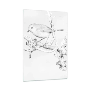 Quadro su vetro - Uccello su un ramo in bianco e nero con uno stile minimalista - 70x100cm - Mattino invernale - Decorazione murale moderna per soggiorno e camera da letto ARTTOR