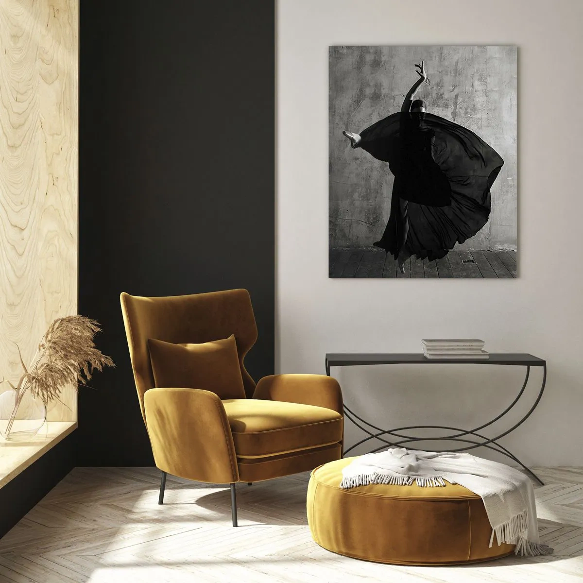 Quadro su vetro - Silhouette in bianco e nero di una ballerina in movimento su uno sfondo di muro - 70x100cm - Fasce piene di passione - Decorazione murale moderna per soggiorno e camera da letto ARTTOR