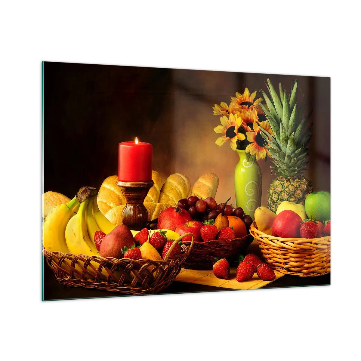 Quadro su vetro - Una composizione di frutta, pane e una candela in stile rustico - 100x70cm - Natura morta con pane e frutta - Decorazione murale moderna per soggiorno e camera da letto ARTTOR