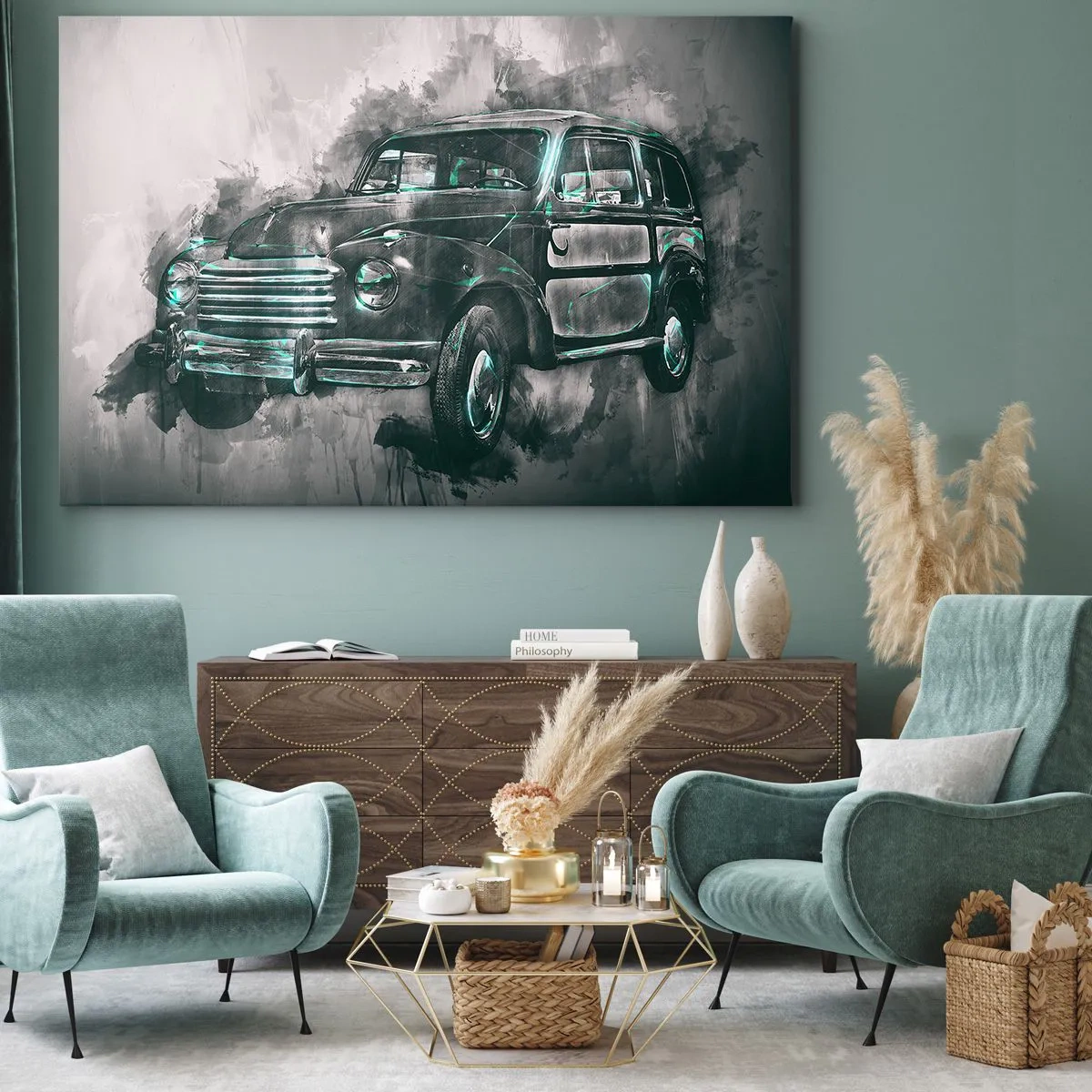 Quadro su tela - Stampe su Tela - Un'auto retrò classica con uno sfondo artistico - 70x50cm - L'onorato antenato - Decorazione murale moderna per soggiorno e camera da letto ARTTOR