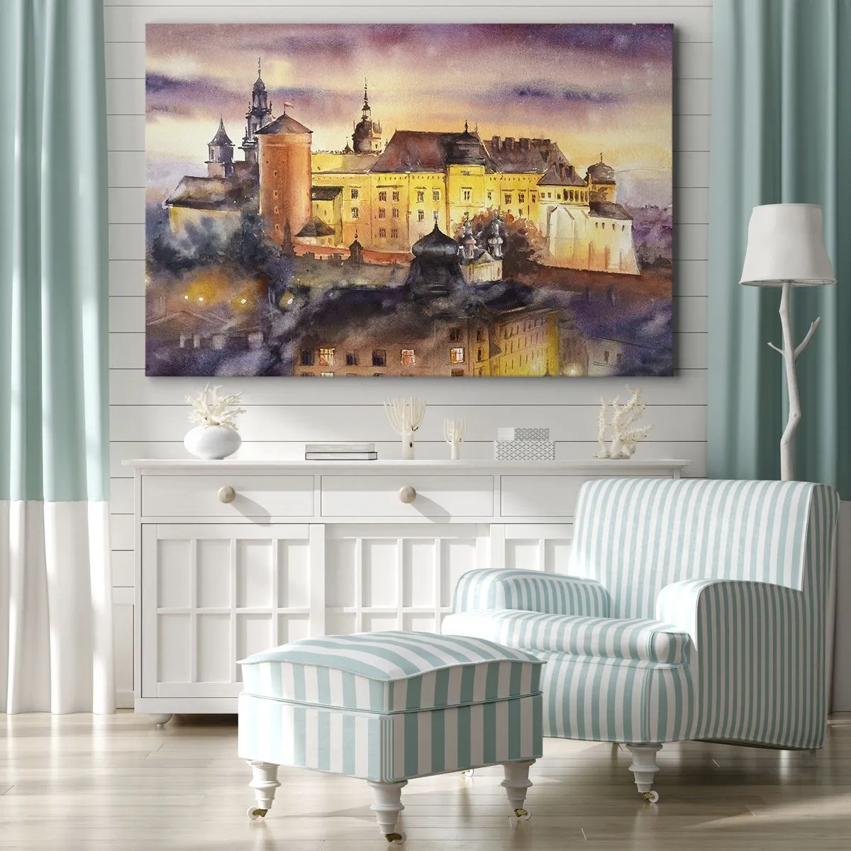 Quadro su tela - Stampe su Tela - Un pittoresco dipinto ad acquerello di un castello al tramonto - 70x50cm - Storia e fiaba - Decorazione murale moderna per soggiorno e camera da letto ARTTOR