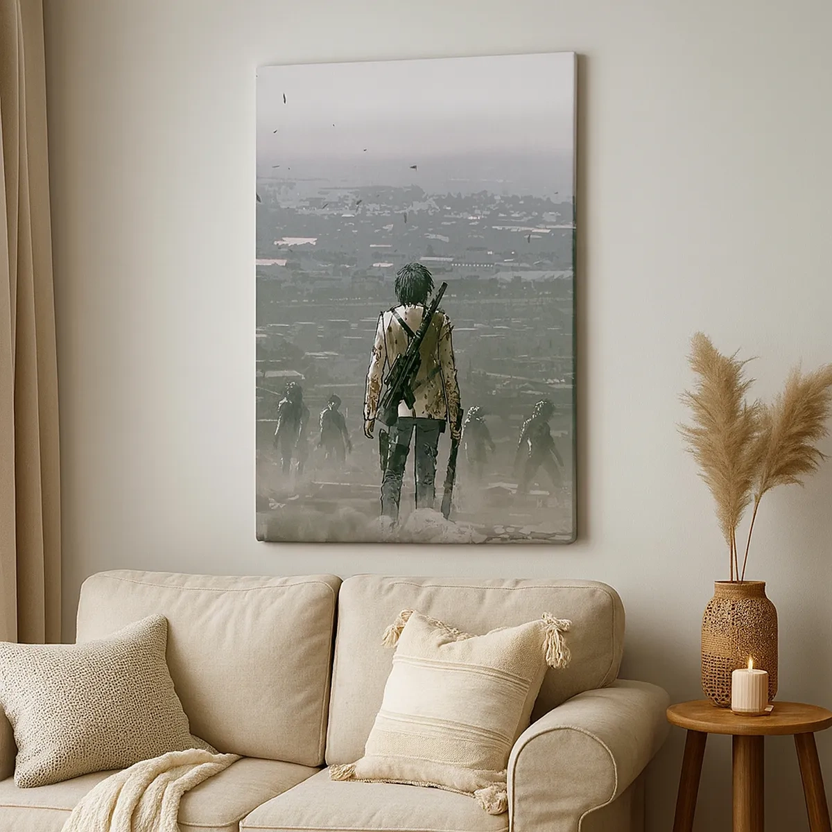 Quadro su tela - Stampe su Tela - Una figura con una pistola è in piedi di fronte a un gruppo in un paesaggio distopico. - 50x70cm - L'ultimo dei giusti? - Decorazione murale moderna per soggiorno e camera da letto ARTTOR