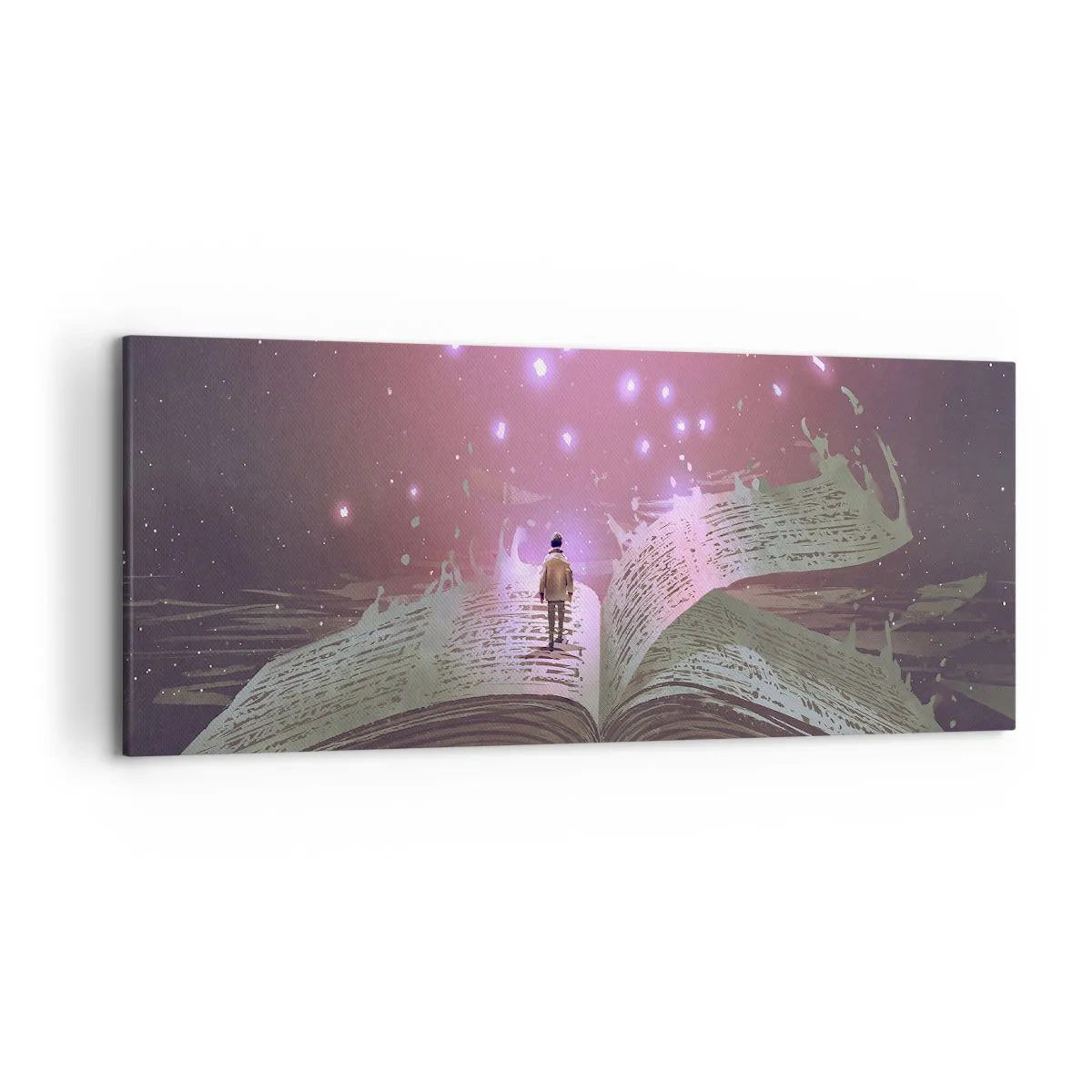 Quadro su tela - Stampe su Tela - Una figura cammina su un libro aperto in una luce magica. - 120x50cm - Invito ad un altro mondo: leggi! - Decorazione murale moderna per soggiorno e camera da letto ARTTOR