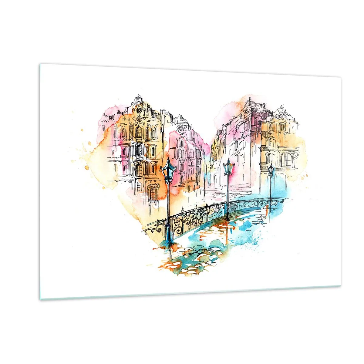Quadro su vetro - Romantiche case popolari con un ponte a forma di cuore, acquerello - 120x80cm - Il cuore della città - Decorazione murale moderna per soggiorno e camera da letto ARTTOR