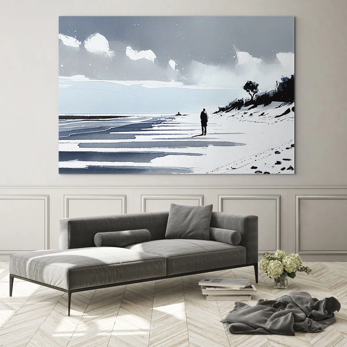 Quadro su vetro - Silhouette di una persona sola che cammina su una spiaggia deserta - 70x50cm - Solo con se stesso - Decorazione murale moderna per soggiorno e camera da letto ARTTOR