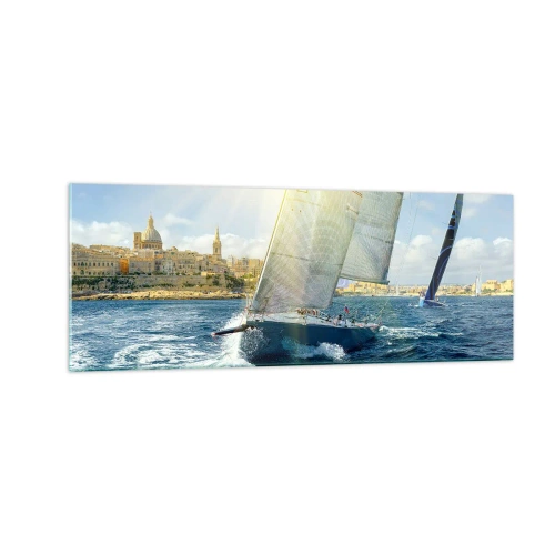 Quadro su vetro - Gara di yacht sullo sfondo di una costa soleggiata - 140x50cm - Tempo di lasciare la città - Decorazione murale moderna per soggiorno e camera da letto ARTTOR