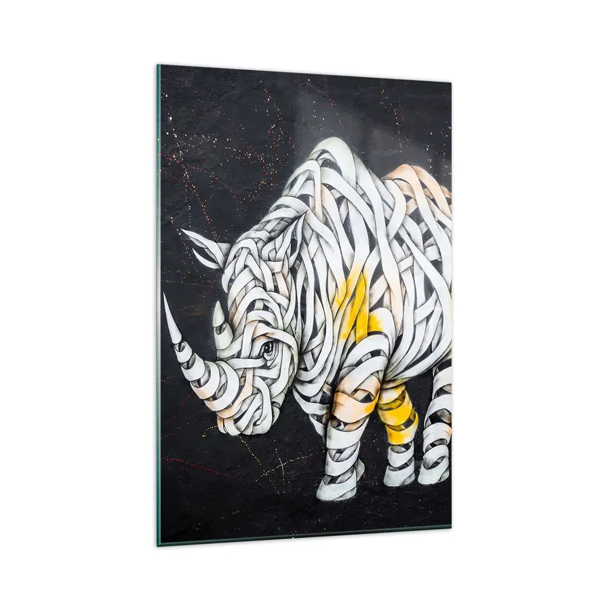 Quadro su vetro - Un rinoceronte scolpito con strisce astratte su sfondo scuro. - 80x120cm - La pelle dura è un mito - Decorazione murale moderna per soggiorno e camera da letto ARTTOR