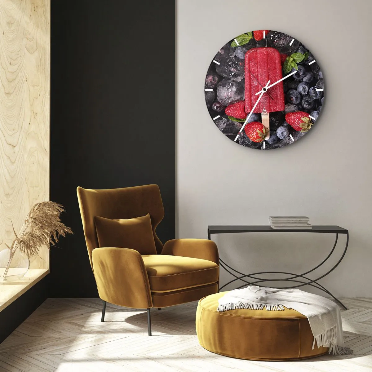 Orologio da parete - Orologio in Vetro - Ghiacciolo alla frutta con mirtilli e fragole congelati - 30x30cm - Il sapore della calda estate - Decorazione murale moderna per soggiorno, cucina e camera da letto ARTTOR