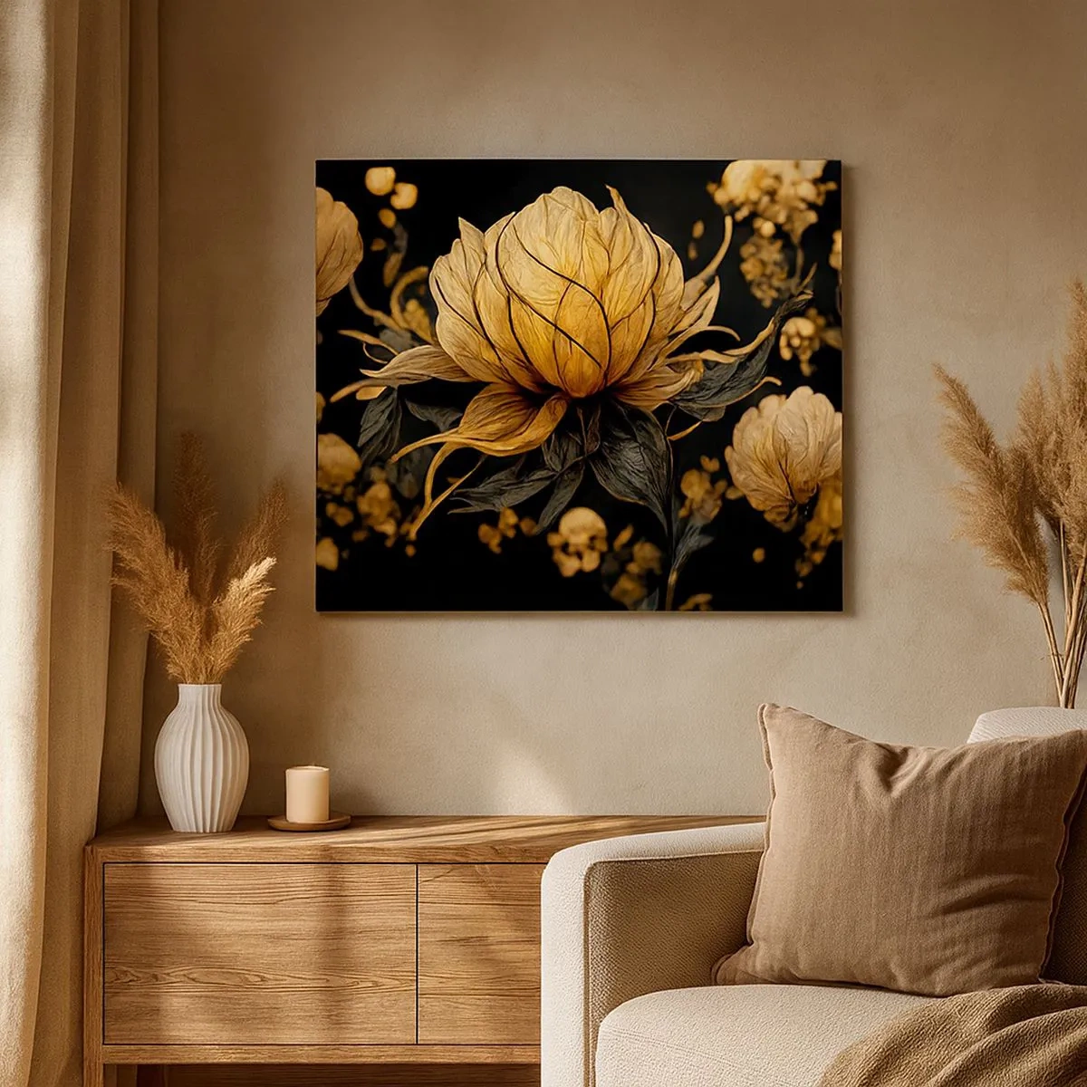 Quadro su tela - Stampe su Tela - Fiore dorato su sfondo scuro - 70x50cm - Delicata fragilità - Decorazione murale moderna per soggiorno e camera da letto ARTTOR