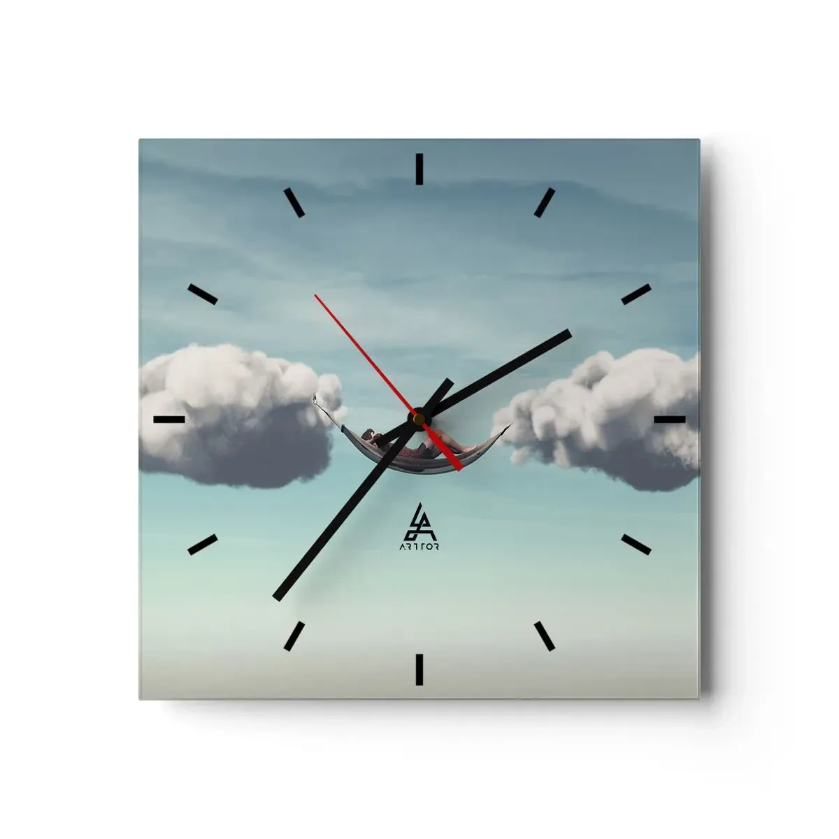 Orologio da parete - Orologio in Vetro - Una persona che si rilassa su un'amaca sospesa tra le nuvole - 30x30cm - La felicità del momento - Decorazione murale moderna per soggiorno e camera da letto ARTTOR