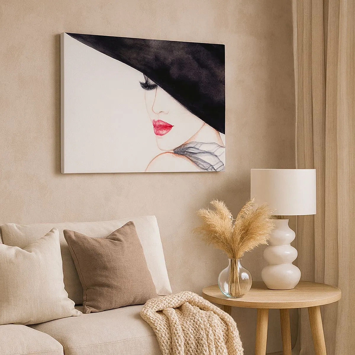 Quadro su tela - Stampe su Tela - Un'illustrazione sottile di una donna con un cappello nero e labbra rosse - 70x50cm - Eleganza e sensualità - Decorazione murale moderna per soggiorno e camera da letto ARTTOR