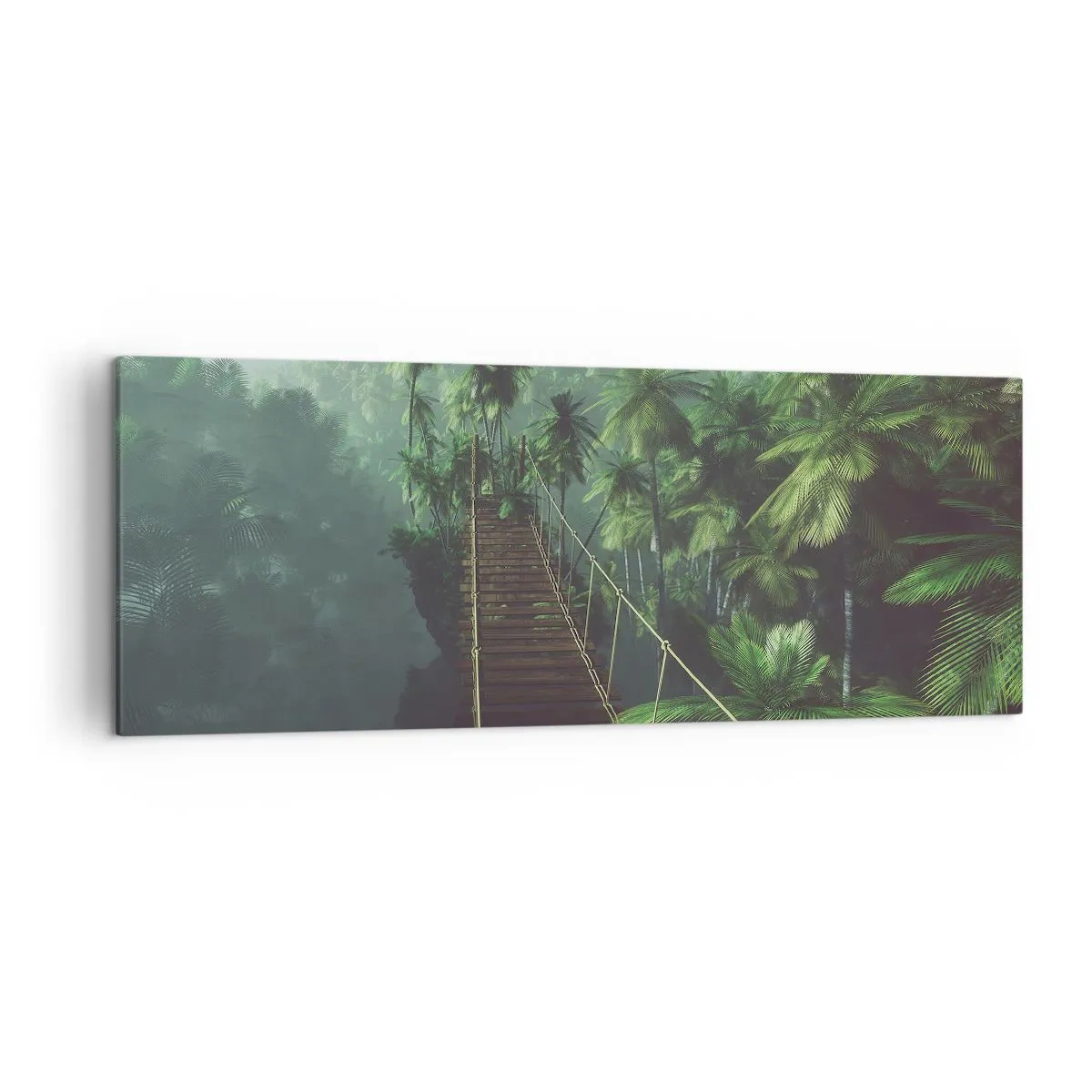 Quadro su tela - Stampe su Tela - Un ponte sospeso in una foresta tropicale circondato dalla nebbia. - 140x50cm - Nel vortice del verde - Decorazione murale moderna per soggiorno e camera da letto ARTTOR