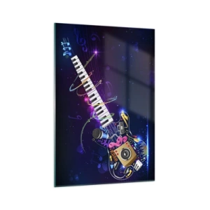 Quadro su vetro - Una chitarra colorata con una tastiera e un microfono su uno sfondo scuro. - 70x100cm - Armonia di suoni - Decorazione murale moderna per soggiorno e camera da letto ARTTOR