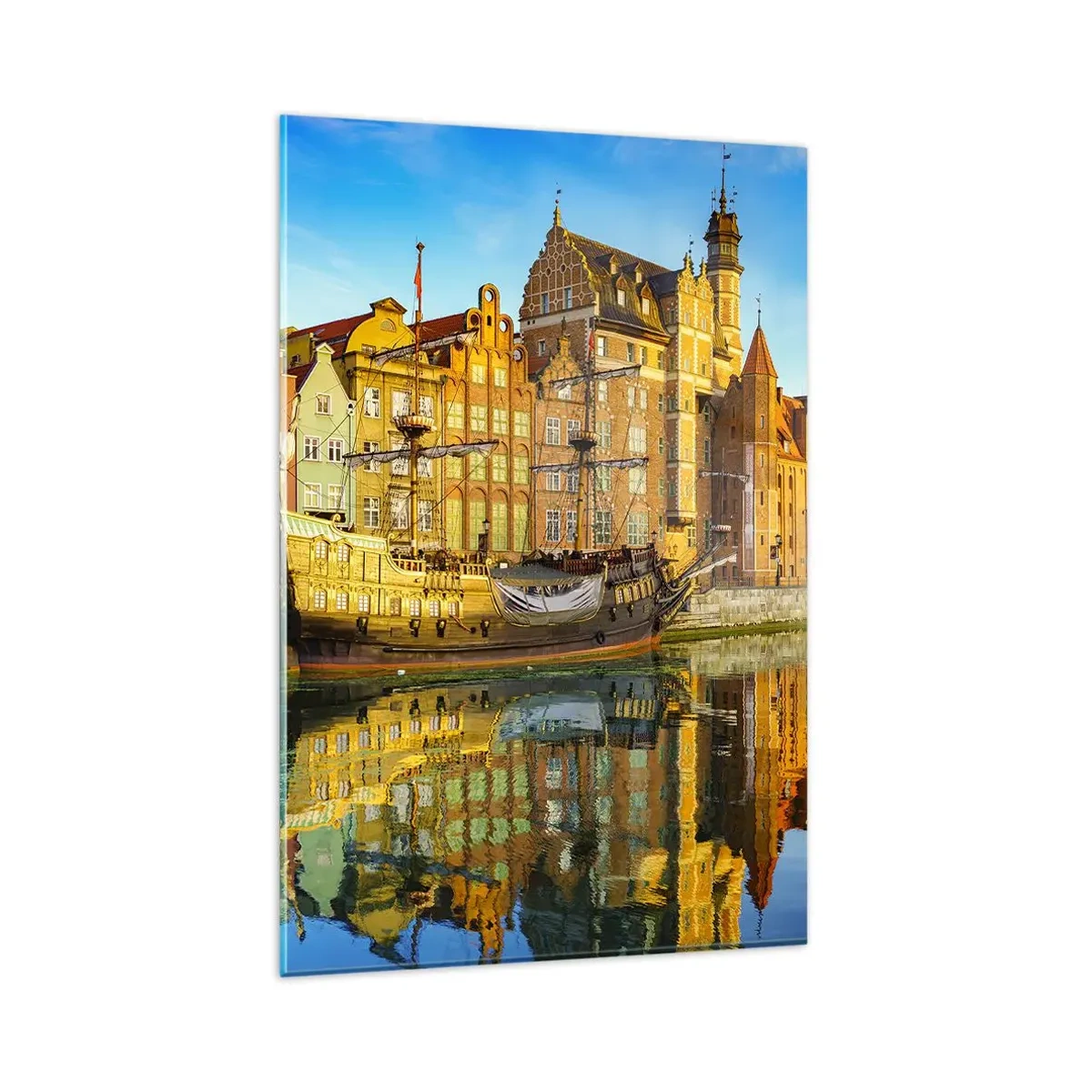 Quadro su vetro - Una vista pittoresca della città vecchia con una nave a vela e l'acqua - 80x120cm - Il riflesso del passato - Decorazione murale moderna per soggiorno e camera da letto ARTTOR