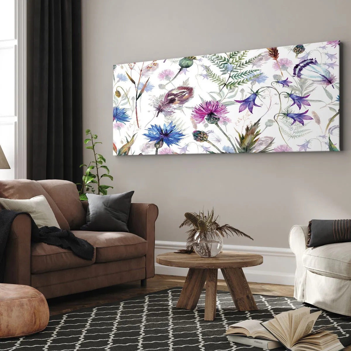 Quadro su tela - Stampe su Tela - Fiori ed erbe acquerellati su sfondo bianco in stile erbario - 160x50cm - Erbario polacco - Decorazione murale moderna per soggiorno e camera da letto ARTTOR