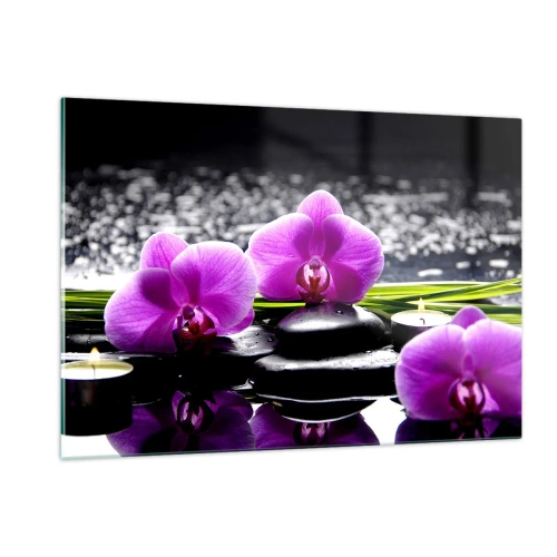 Quadro su vetro - Orchidee viola con pietre e candele su uno sfondo d'acqua - 120x80cm - Annegare nel silenzio e nella pace - Decorazione murale moderna per soggiorno e camera da letto ARTTOR