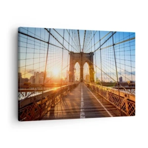 Quadro su tela - Stampe su Tela - Il ponte alla luce del tramonto con vista sulla città - 70x50cm - Sul ponte d'oro - Decorazione murale moderna per soggiorno e camera da letto ARTTOR