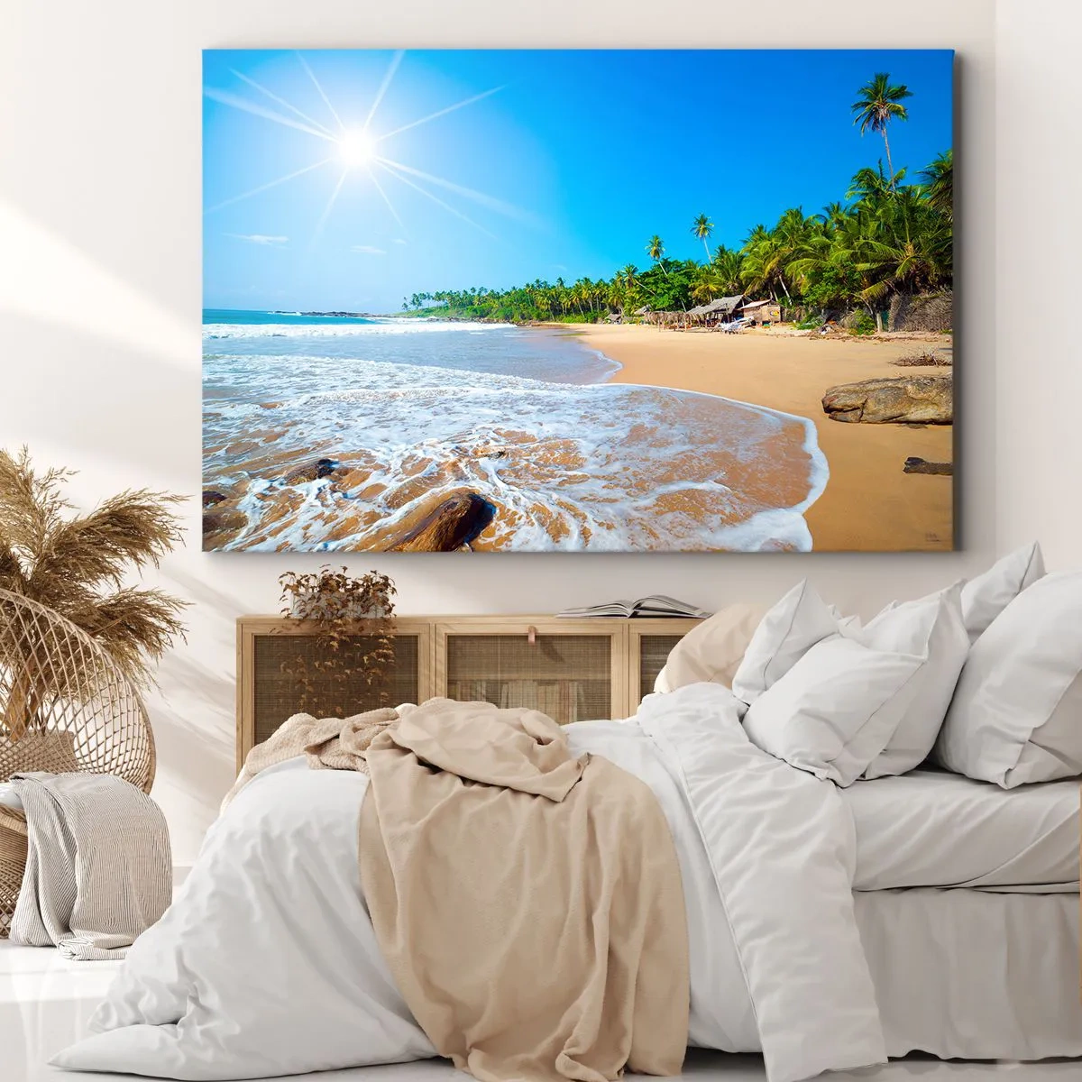 Quadro su tela - Stampe su Tela - Spiaggia tropicale con palme e cielo azzurro - 100x70cm - Un luogo esotico per te - Decorazione murale moderna per soggiorno e camera da letto ARTTOR