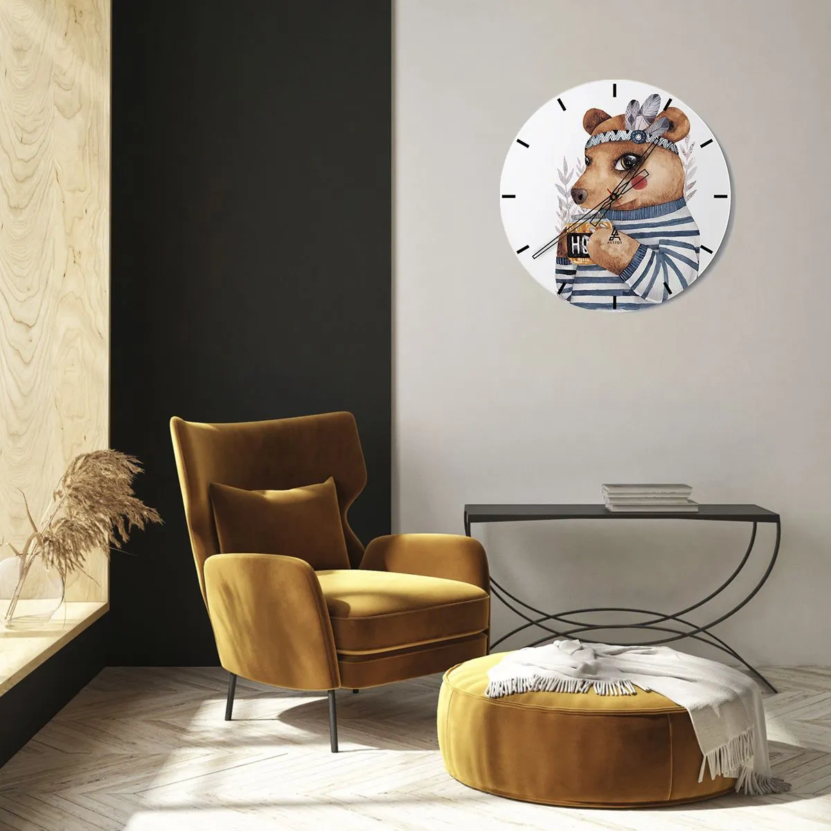 Orologio da parete - Orologio in Vetro - Un orsacchiotto con una maglietta a righe con una tazza di tè - 30x30cm - Dolce orsetto - Decorazione murale moderna per soggiorno, cucina e camera da letto ARTTOR