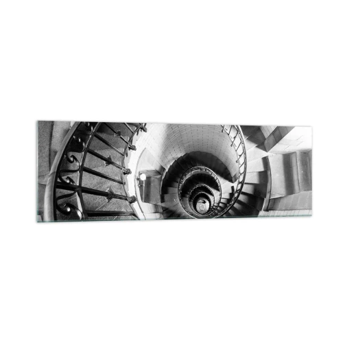 Quadro su vetro - Fotografia in bianco e nero di una scala a chiocciola con prospettiva dall'alto verso il basso - 160x50cm - Ancora più in alto - Decorazione murale moderna per soggiorno e camera da letto ARTTOR