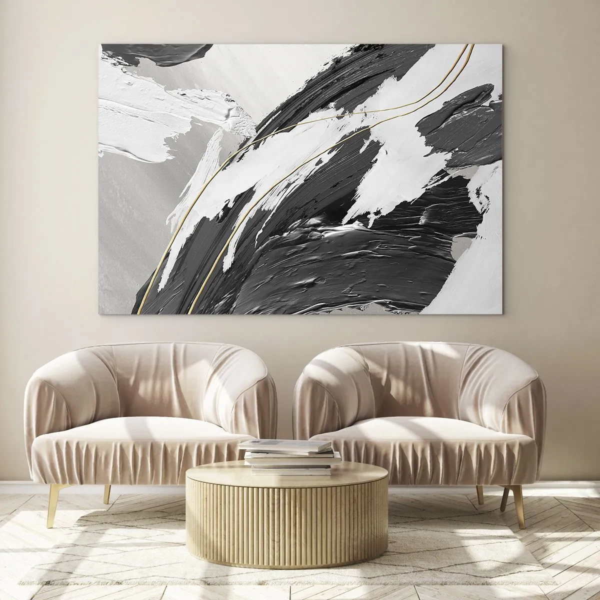 Quadro su vetro - Pennellate dinamiche di bianco e nero con un accento dorato - 120x80cm - Astrazione con sfarzo - Decorazione murale moderna per soggiorno e camera da letto ARTTOR