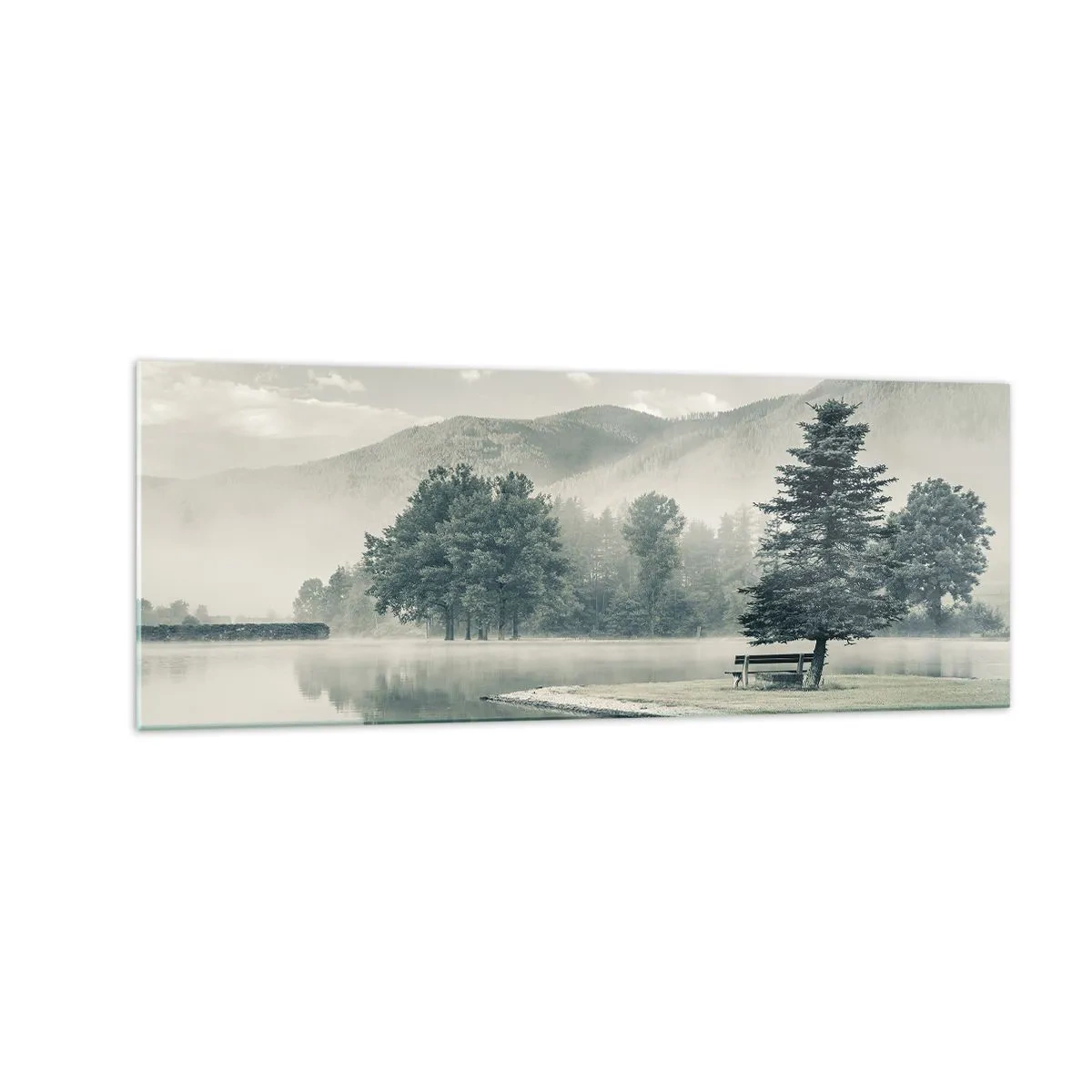 Quadro su vetro - Un pittoresco lago con una panchina e la nebbia sullo sfondo - 140x50cm - Il lago dorme ancora - Decorazione murale moderna per soggiorno e camera da letto ARTTOR