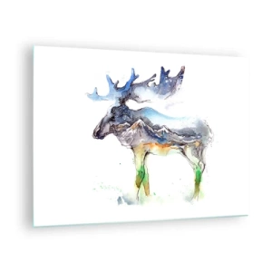 Quadro su vetro - Dipinto ad acquerello di un alce con motivo a sagoma di montagna - 70x50cm - Il protagonista dei racconti invernali - Decorazione murale moderna per soggiorno e camera da letto ARTTOR