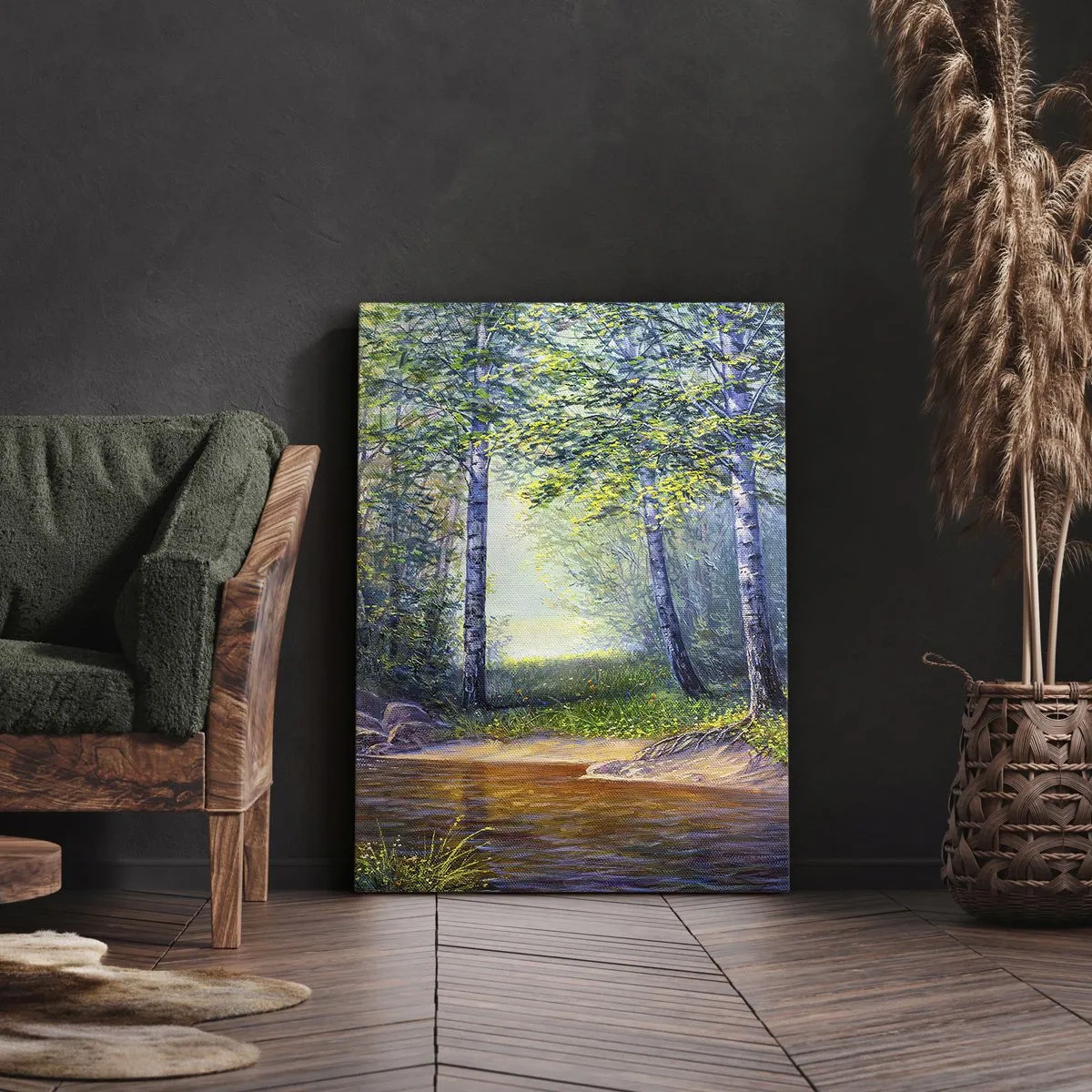 Quadro su tela - Stampe su Tela - Un ruscello nella foresta circondato da betulle e sole - 50x70cm - Scena di beatitudine - Decorazione murale moderna per soggiorno e camera da letto ARTTOR