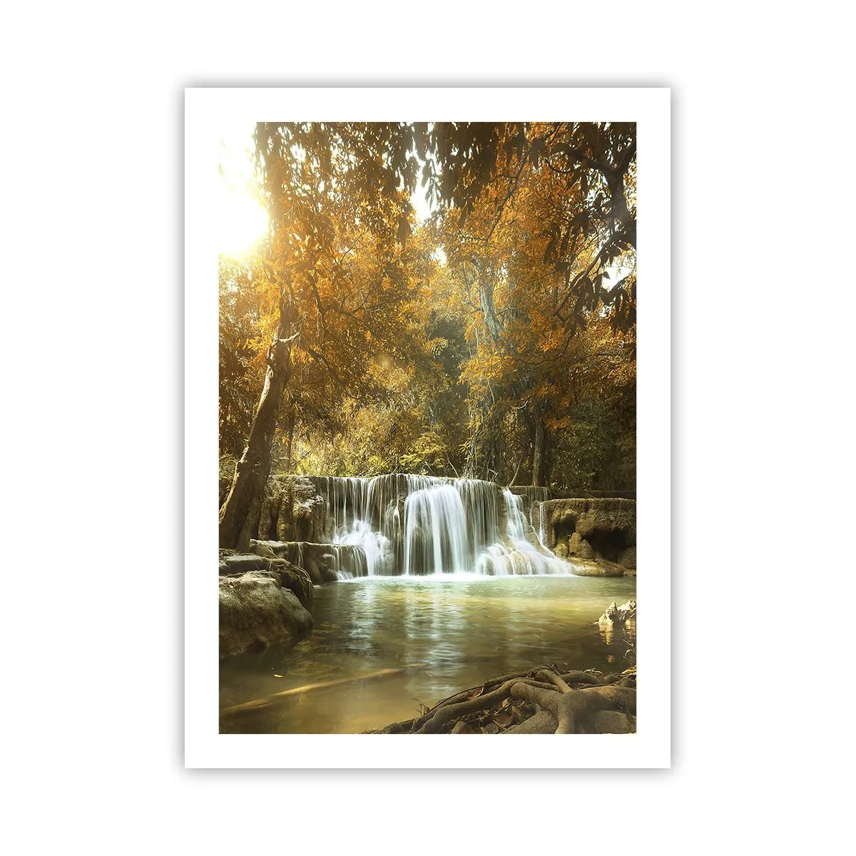 Poster - Cascata autunnale alla luce del sole - 50x70cm - Cascata nel parco - Decorazione murale moderna per soggiorno e camera da letto ARTTOR