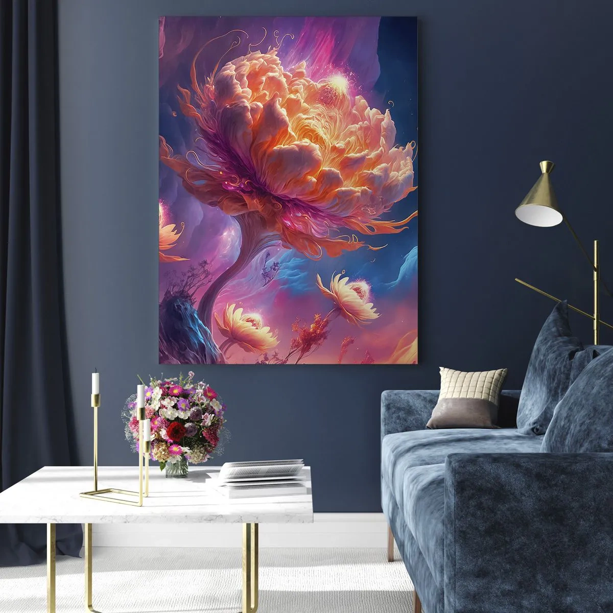 Quadro su vetro - Un fiore fantastico che fluttua in un ambiente cosmico - 50x70cm - Un altro mondo - Decorazione murale moderna per soggiorno e camera da letto ARTTOR