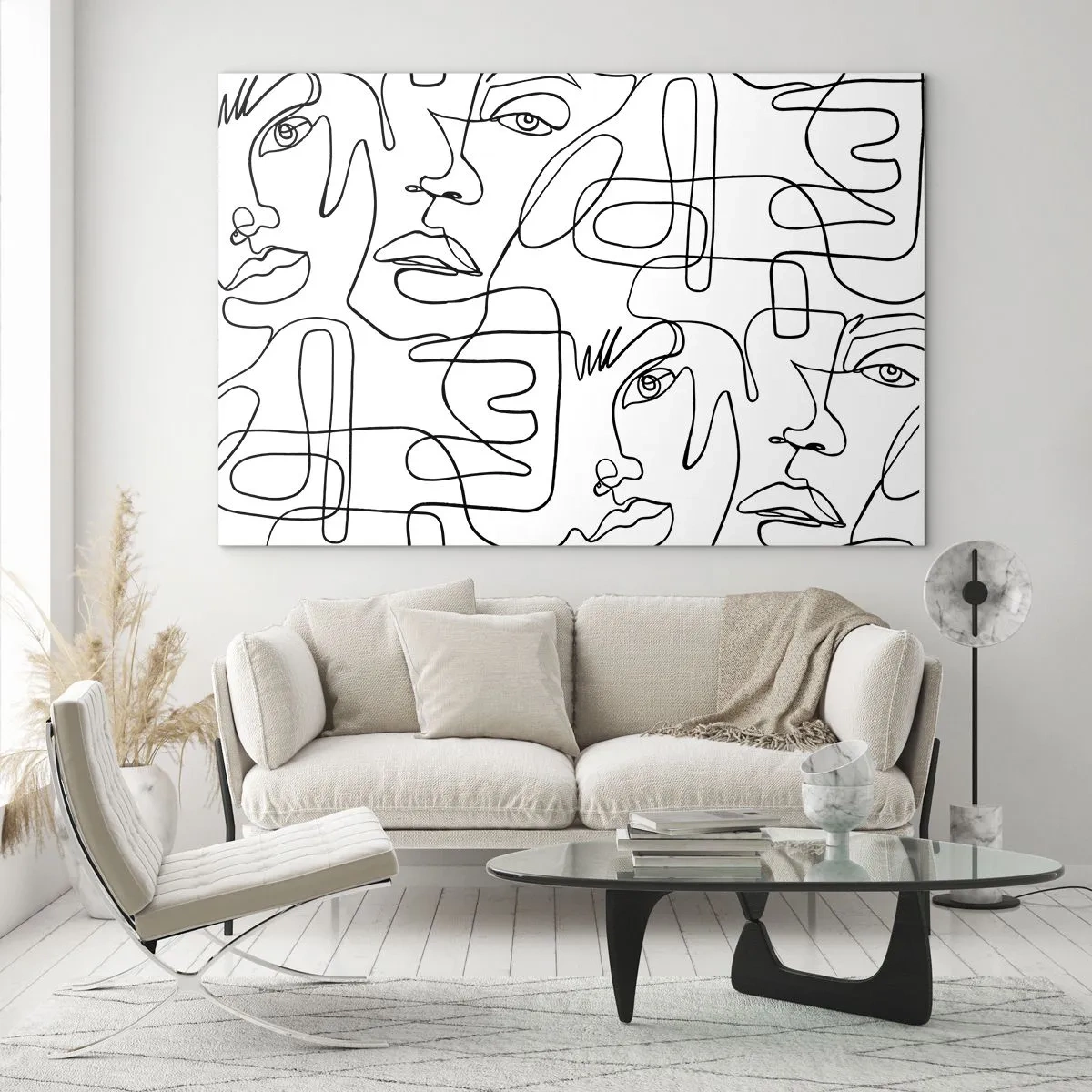 Quadro su vetro - Grafica facciale in bianco e nero - 70x50cm - Emozioni intrecciate - Decorazione murale moderna per soggiorno e camera da letto ARTTOR