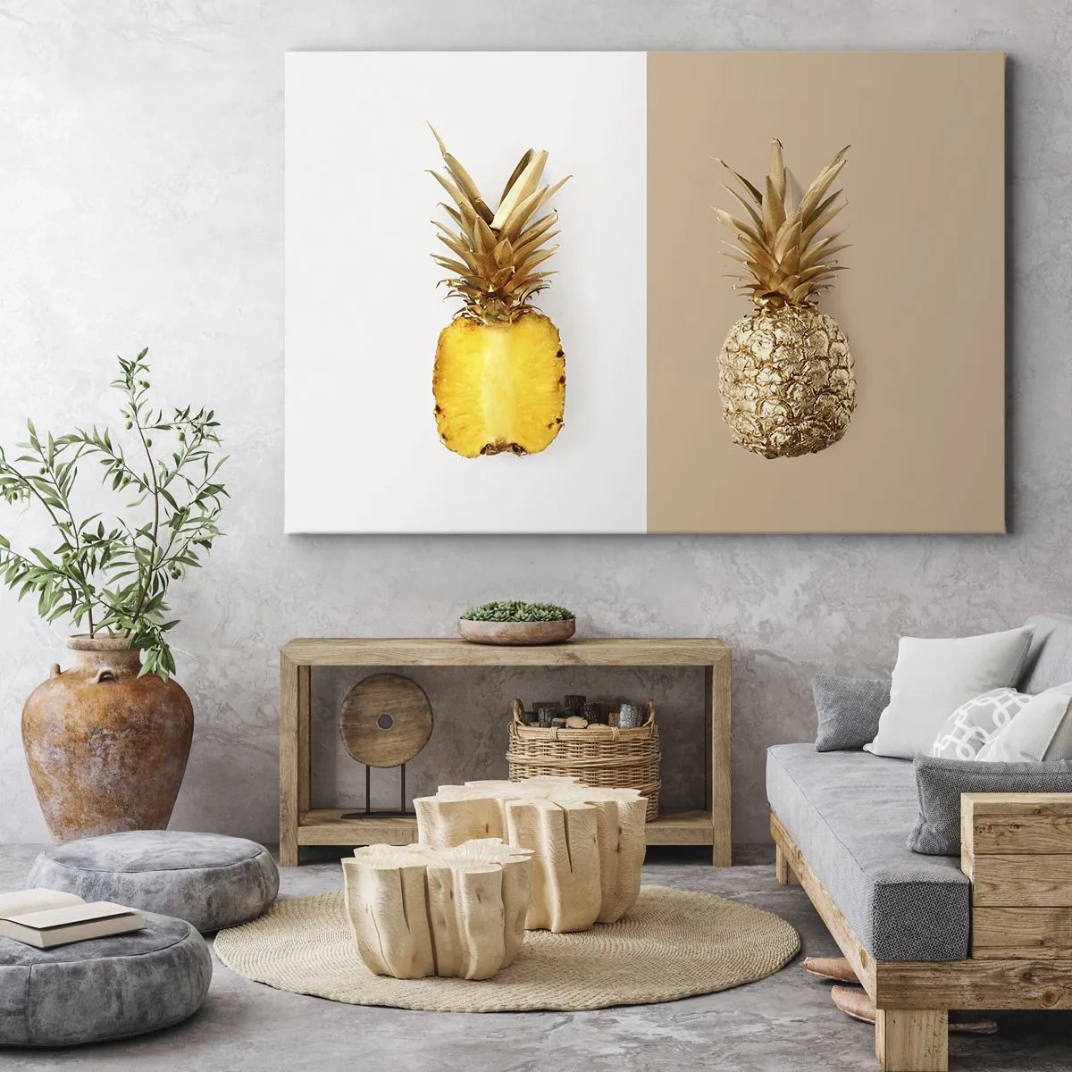 Quadro su tela - Stampe su Tela - Metà di un ananas fresco e dorato su uno sfondo contrastante - 120x80cm - Ananas per due - Decorazione murale moderna per soggiorno e camera da letto ARTTOR