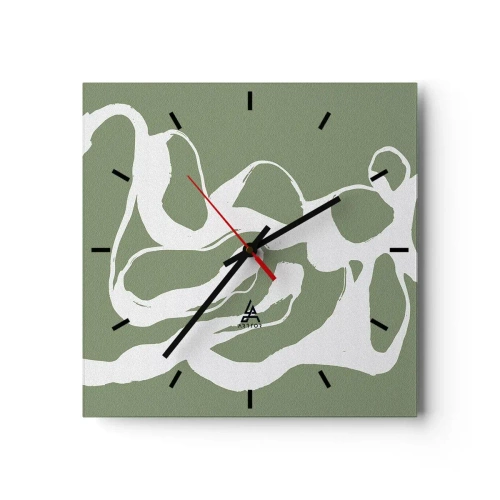 Orologio da parete - Orologio in Vetro - Forme organiche in bianco su sfondo verde - 30x30cm - Il richiamo dello spazio - Decorazione murale moderna per soggiorno e camera da letto ARTTOR