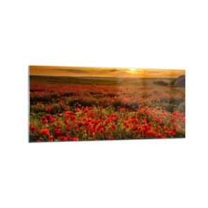 Quadro su vetro - Un campo di papaveri rossi al chiarore del sole al tramonto - 120x50cm - Tra il fruscio delle erbe, in un'esplosione di fiori - Decorazione murale moderna per soggiorno e camera da letto ARTTOR