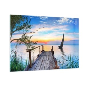 Quadro su vetro - Un molo sul lago al tramonto con una barca a vela sullo sfondo - 100x70cm - Buona sera - Decorazione murale moderna per soggiorno e camera da letto ARTTOR