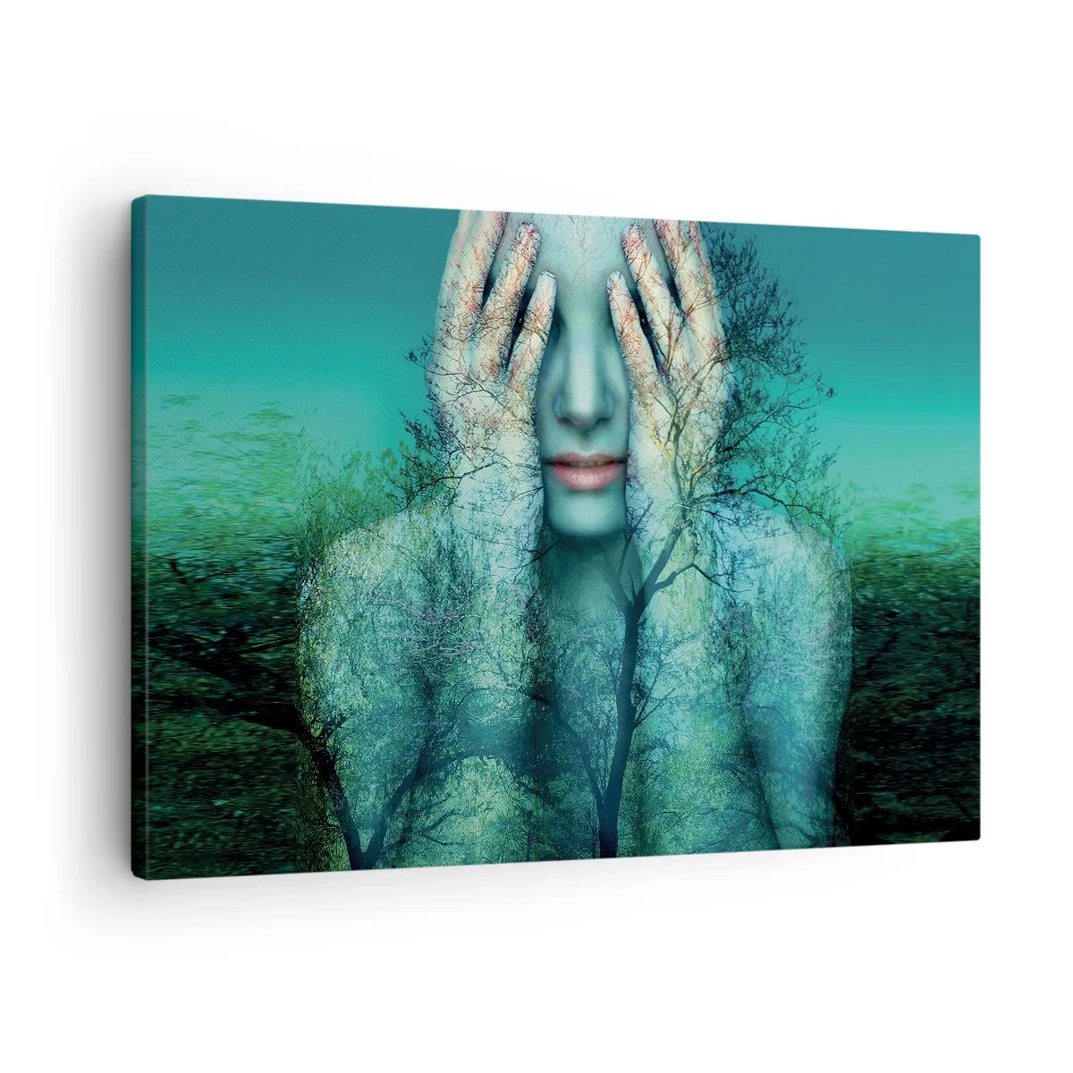 Quadro su tela - Stampe su Tela - Una figura femminile con un motivo ad albero su uno sfondo paesaggistico turchese - 70x50cm - Immersa nel blu - Decorazione murale moderna per soggiorno e camera da letto ARTTOR
