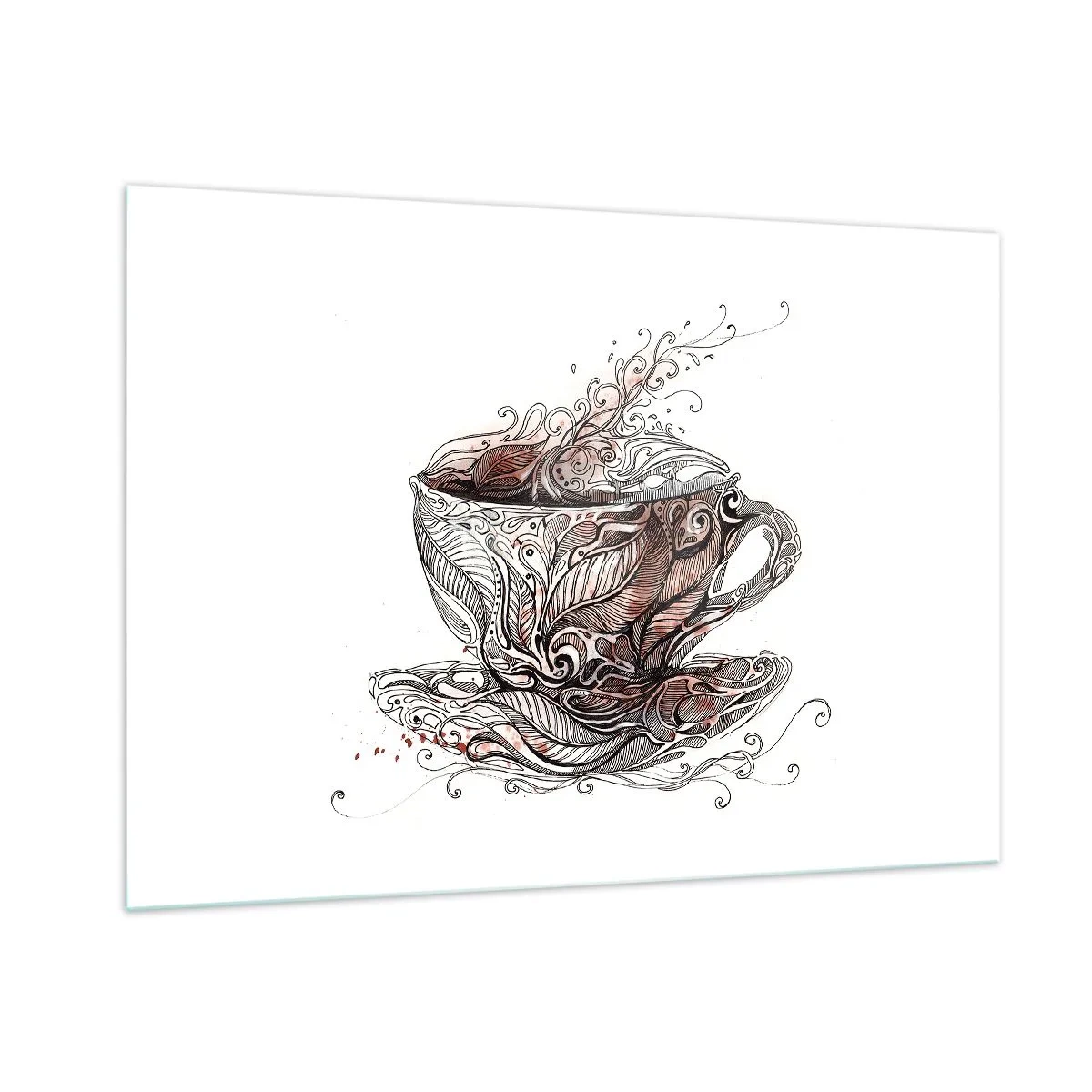 Quadro su vetro - Disegno artistico di una tazza con ornamenti e vapore - 100x70cm - Il tè fa bene a tutto - Decorazione murale moderna per soggiorno e camera da letto ARTTOR