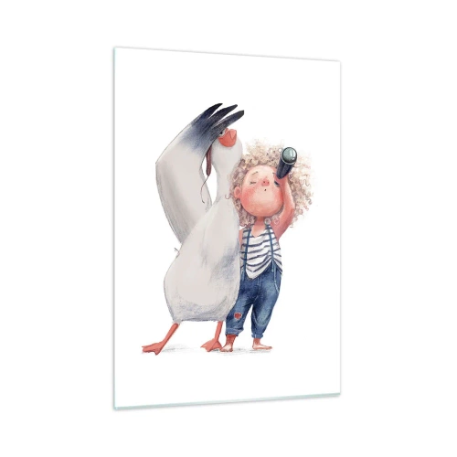 Quadro su vetro - Bambino con binocolo e cicogna in uno stile di illustrazione divertente - 50x70cm - Il progetto di un grande viaggio - Decorazione murale moderna per soggiorno e camera da letto ARTTOR