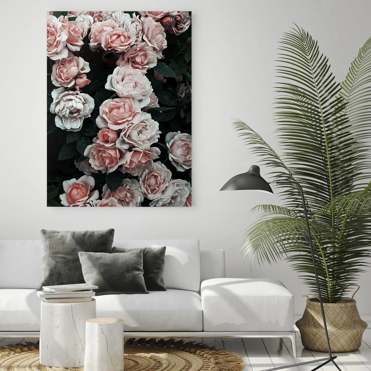 Quadro su vetro - Rose rosa su sfondo scuro in una composizione delicata - 70x100cm - Composizione di rose - Decorazione murale moderna per soggiorno e camera da letto ARTTOR