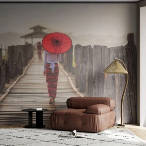 Fotomurali Premium Sand - Sul vecchio ponte - Ombrello, Birmania, Ponte di Legno - 450x315 cm