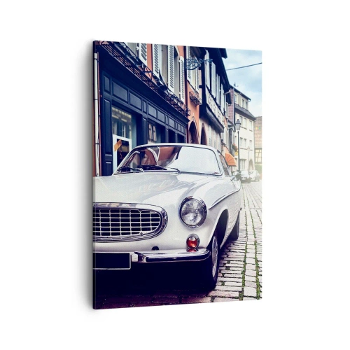 Quadro su tela - Stampe su Tela - Una classica auto bianca su una strada cittadina acciottolata - 50x70cm - Il passato è oggi - Decorazione murale moderna per soggiorno e camera da letto ARTTOR