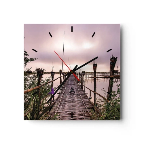 Orologio da parete - Orologio in Vetro - Ponte di bambù sull'acqua all'alba - 30x30cm - Pace e silenzio dell'Asia - Decorazione murale moderna per soggiorno e camera da letto ARTTOR