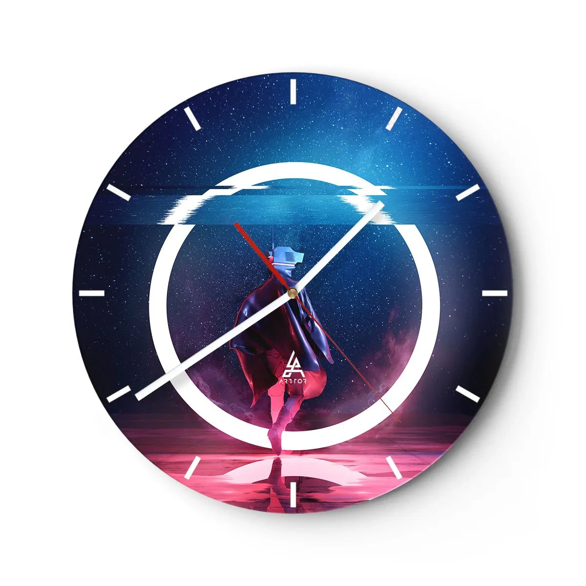 Orologio da parete - Orologio in Vetro - Una figura con un mantello sullo sfondo di un cerchio luminoso in un ambiente cosmico - 30x30cm - Tra due mondi - Decorazione murale moderna per soggiorno, cucina e camera da letto ARTTOR