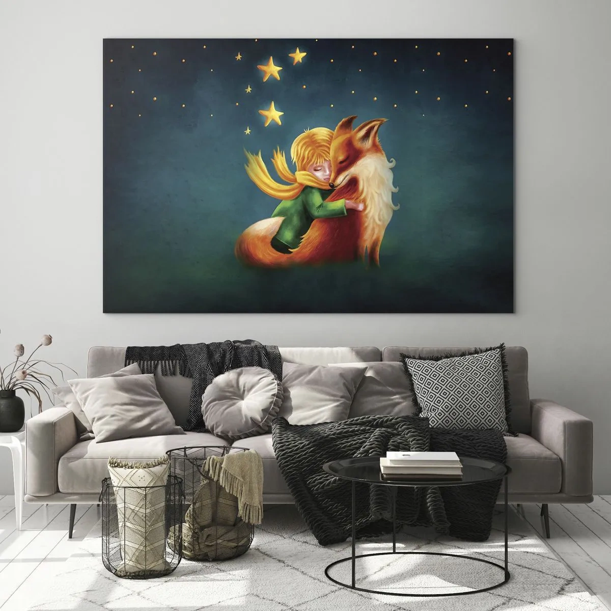 Quadro su vetro - Il Piccolo Principe abbraccia una volpe sotto un cielo stellato - 70x50cm - Il piccolo principe - Decorazione murale moderna per soggiorno e camera da letto ARTTOR