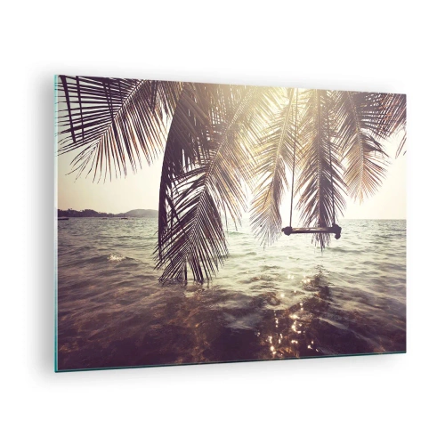 Quadro su vetro - Una spiaggia con palme e un'altalena su un mare calmo - 70x50cm - Si può dondolare tra le nuvole a volontà - Decorazione murale moderna per soggiorno e camera da letto ARTTOR