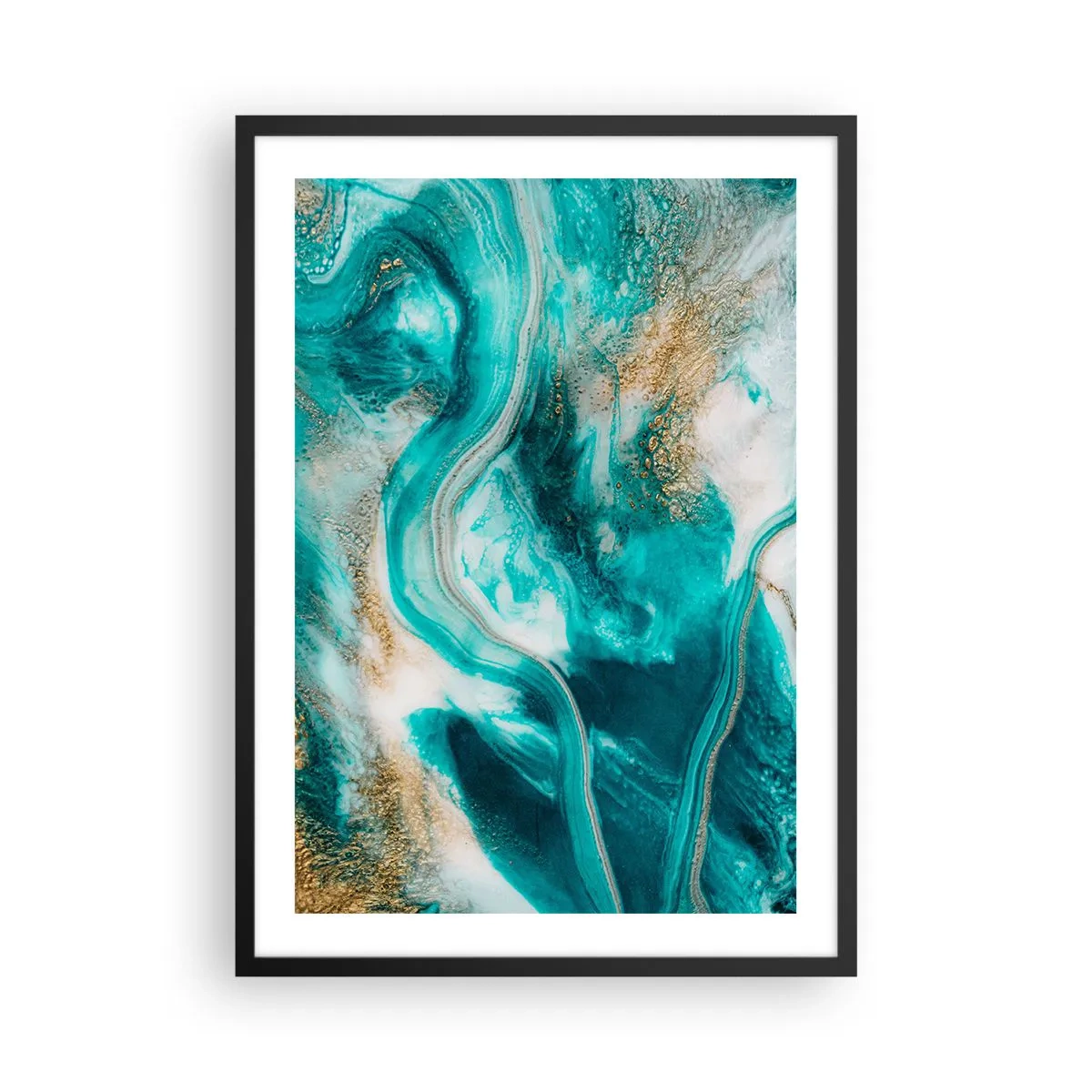 Poster in cornice nera - Una composizione astratta nei toni del turchese e dell'oro. - 50x70cm - Il fiume d'oro - Decorazione murale moderna per soggiorno e camera da letto ARTTOR