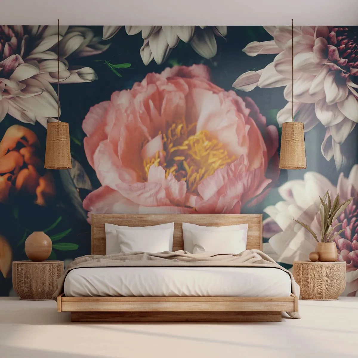 Fotomurali Premium Sand - Una romantica composizione di fiori in toni scuri - 100x70cm - Con fasto barocco - Decorazione murale moderna per soggiorno e camera da letto ARTTOR