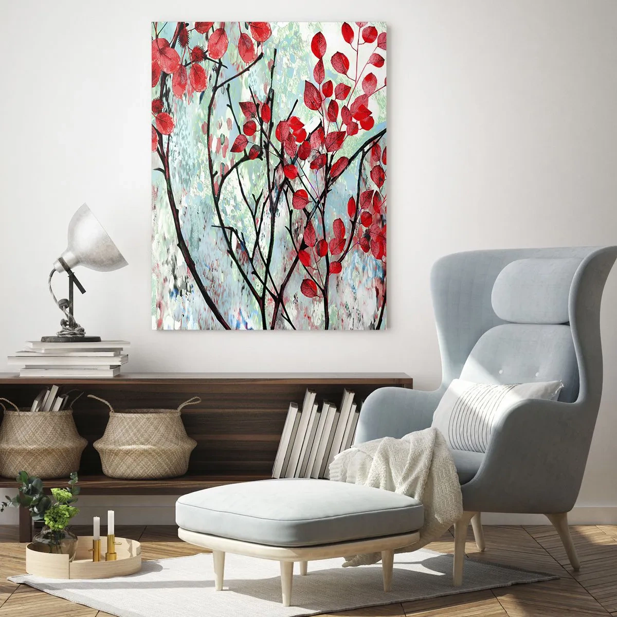Quadro su vetro - Foglie rosse contro un cielo luminoso con motivi astratti - 80x120cm - Albero in scarlatto - Decorazione murale moderna per soggiorno e camera da letto ARTTOR