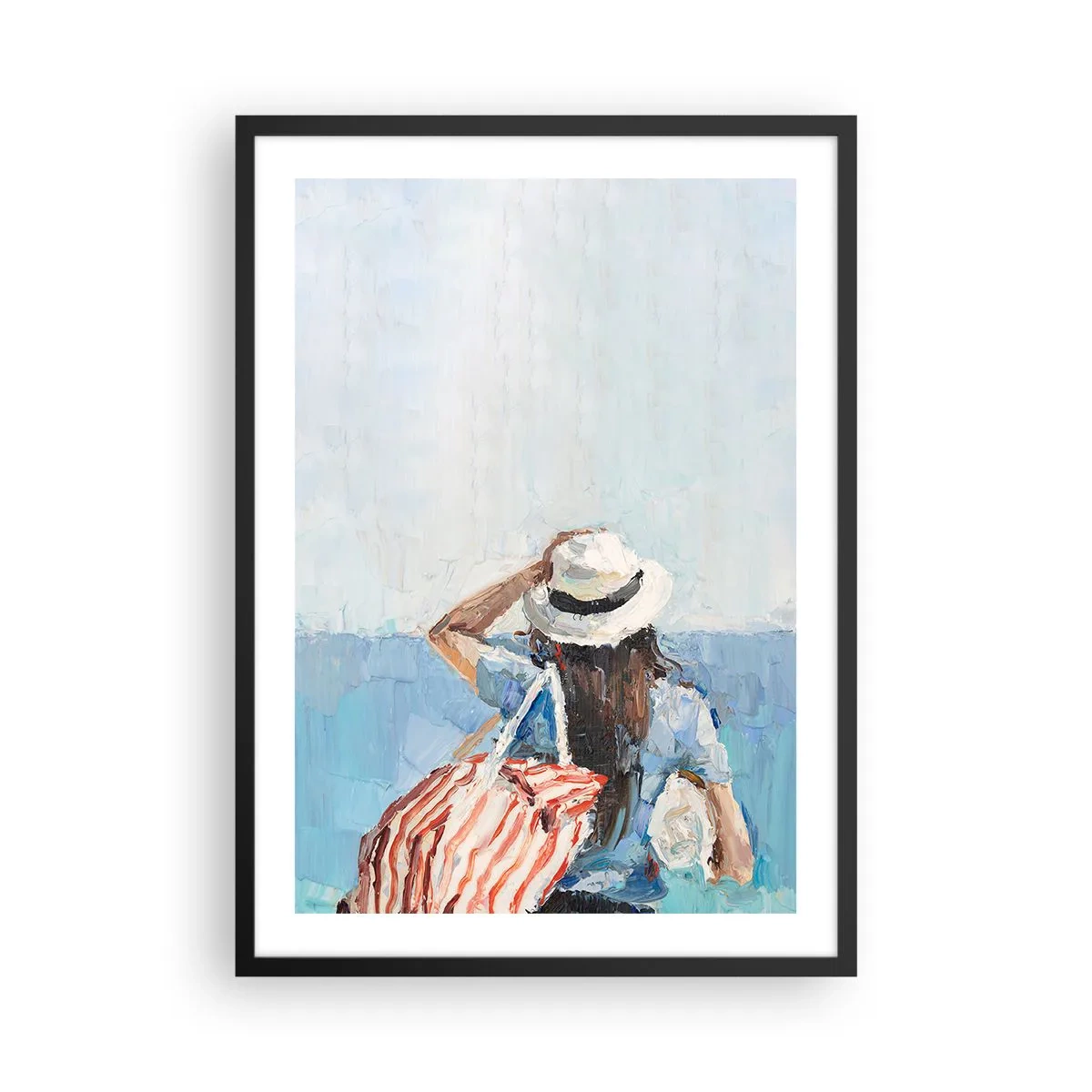 Poster in cornice nera - Una donna con un cappello che guarda il mare - 50x70cm - Benvenuti in vacanza - Decorazione murale moderna per soggiorno e camera da letto ARTTOR